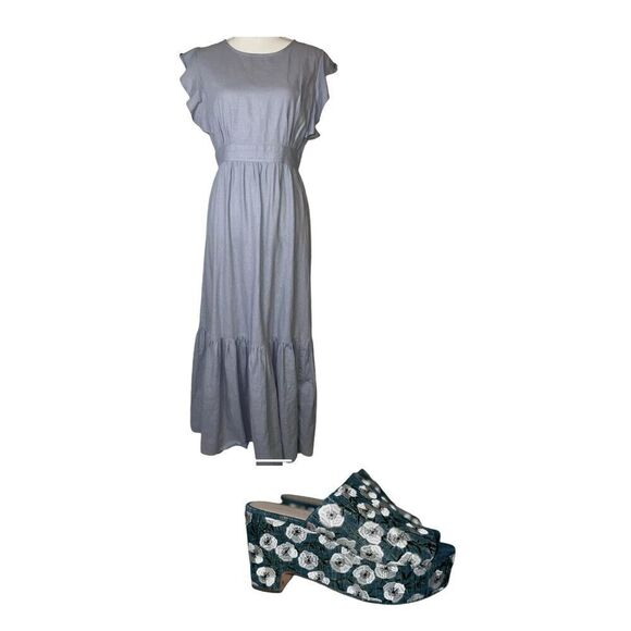 Cynthia Rowley Flutter Sleeves Blue Linen Maxi Dress Women’s Small - Picture 3 of 11